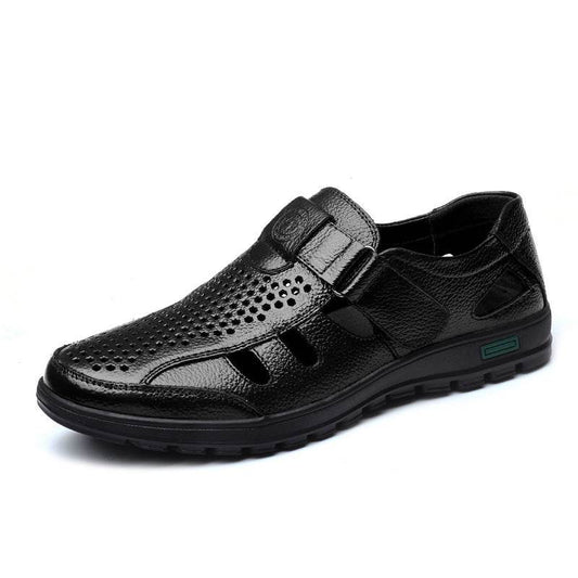 Men's leather hollow breathable sandals - Mubimart