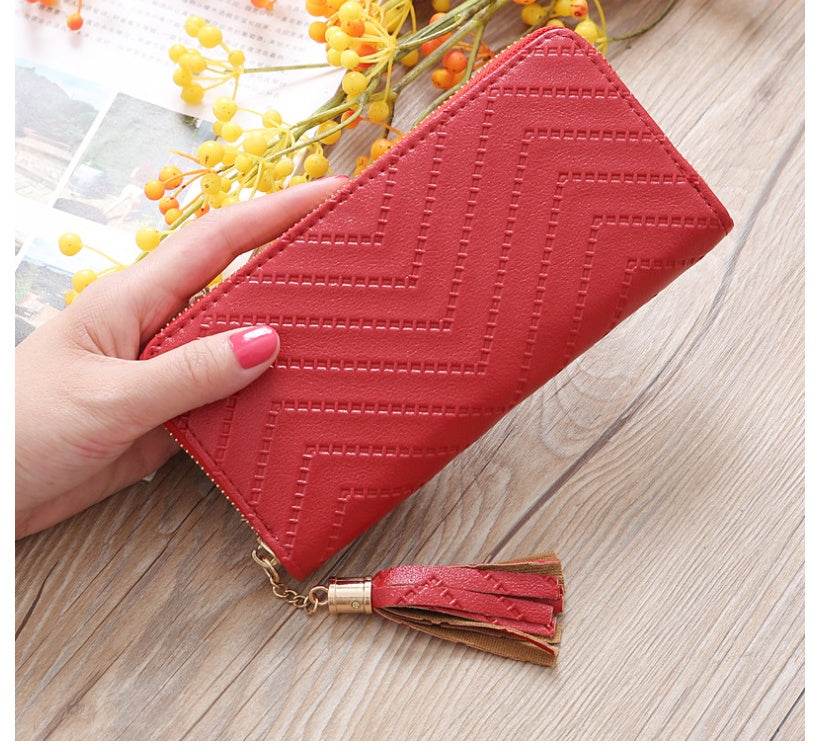 New women's wallet single pull fringed bag long zipper student bag clutch bag - Mubimart