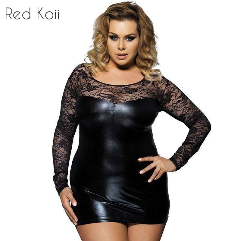 Mini Babydoll Dress Plus Size 6XL Black Faux Leather - Mubimart - Plus Size Mini Dress 