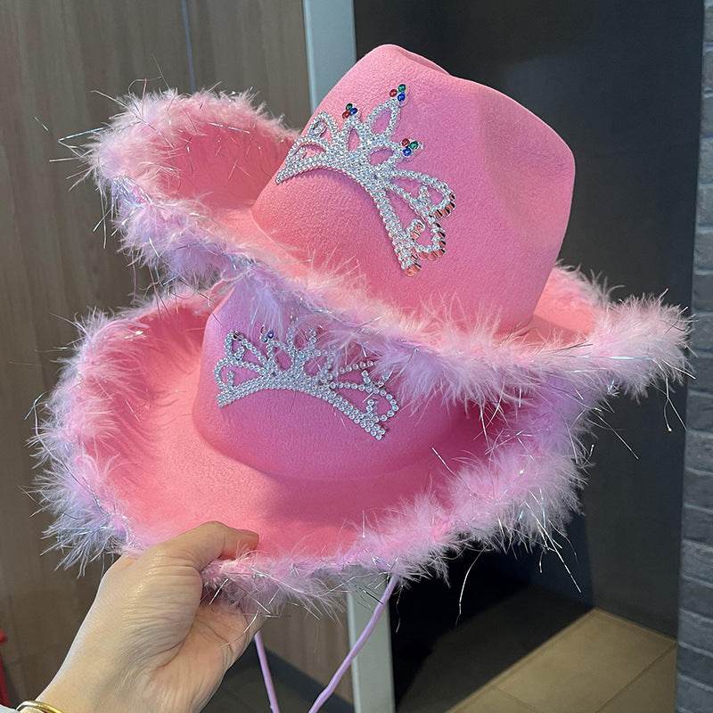 Western Denim Big Brim Sun-proof Rhinestone Crown Fedora Hat - Mubimart