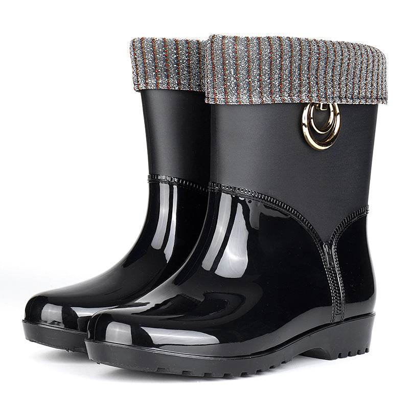 Rain boots women's drum plus cotton rain boots - Mubimart