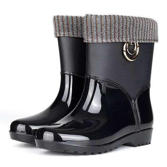 Rain boots women's drum plus cotton rain boots - Mubimart