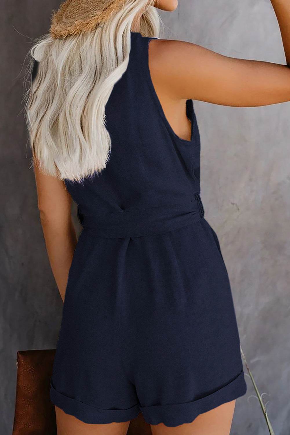 Women Playsuit Summer V Neck Sleeveless Button Belt Bow Casual Jumpsuit Solid Romper Elegant Tunic Short Overalls - Mubimart
