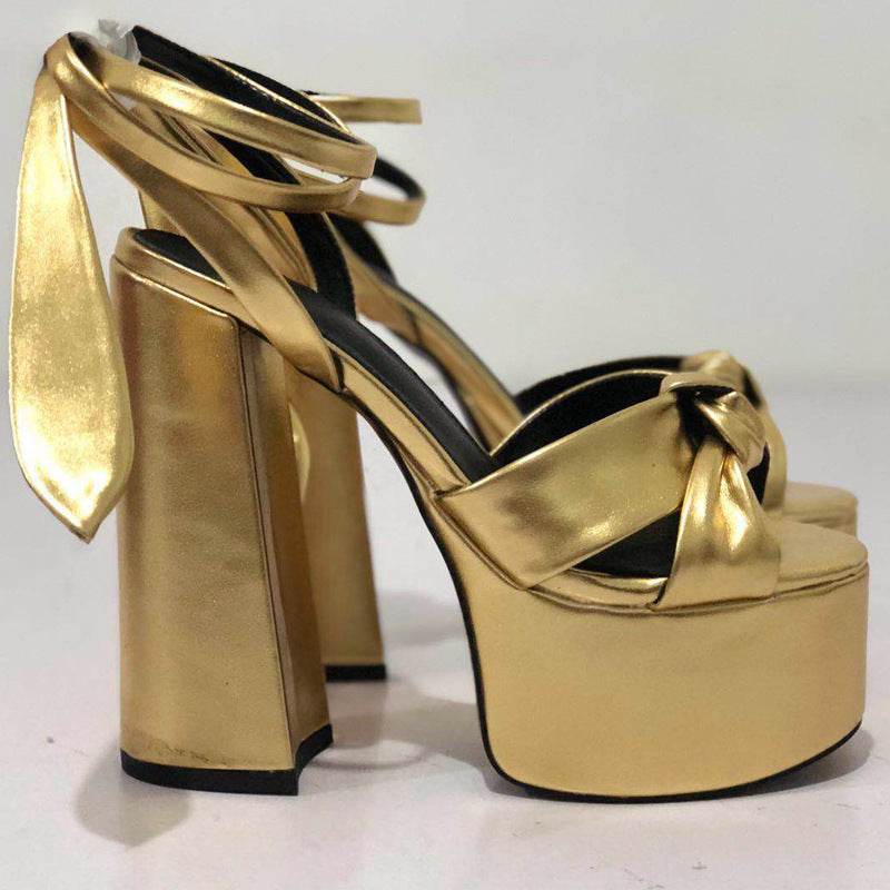 Summer Peep Toe Platform Thick Heel Bowknot Lace-up Super High Heels - Mubimart
