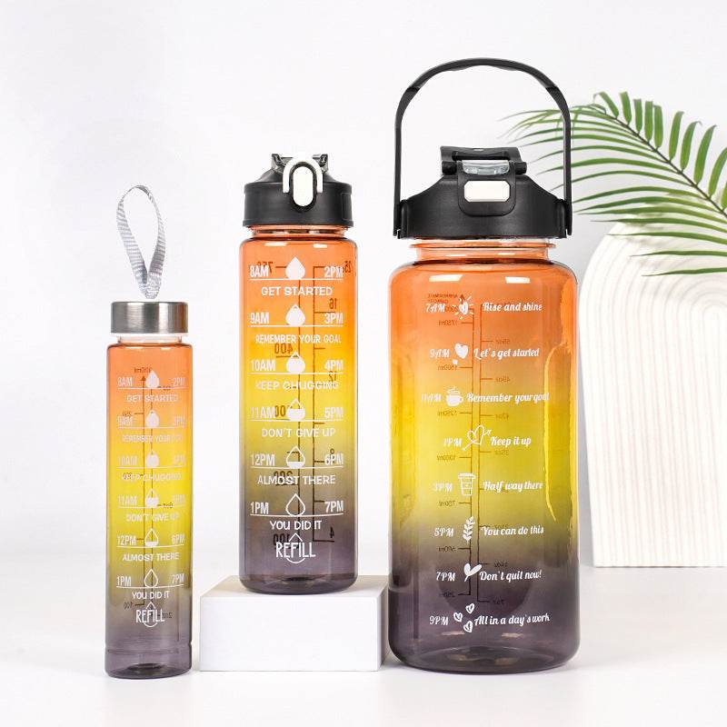 3-in-1 Gradient Color Motivational Water Bottles Set Plastic Straw Double Drink Translucent Outdoor Sports Bottle - Mubimart