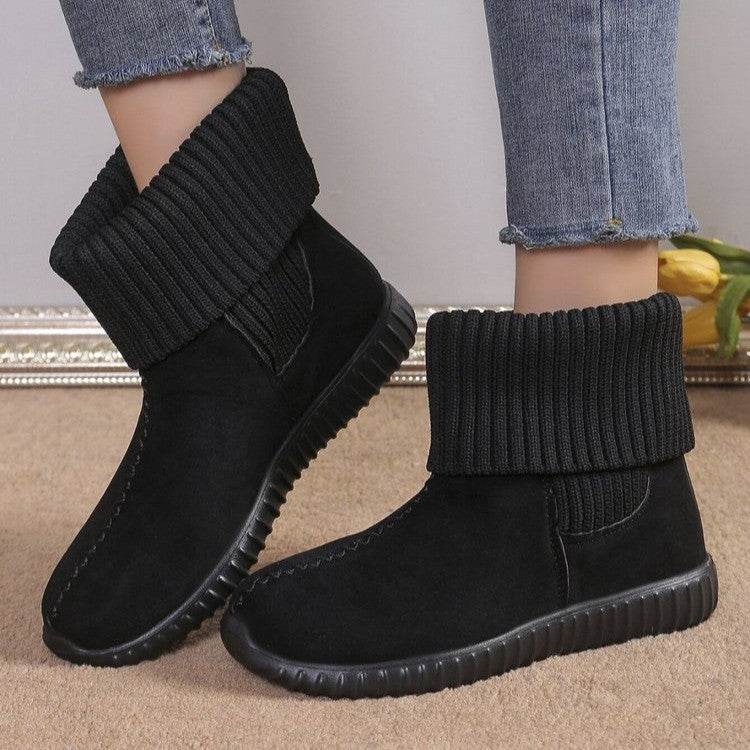 Flat Ankle Boots With Reversible Knitted Design Winter Fashion Comfortable Snow Boot For Women Shoes - Mubimart