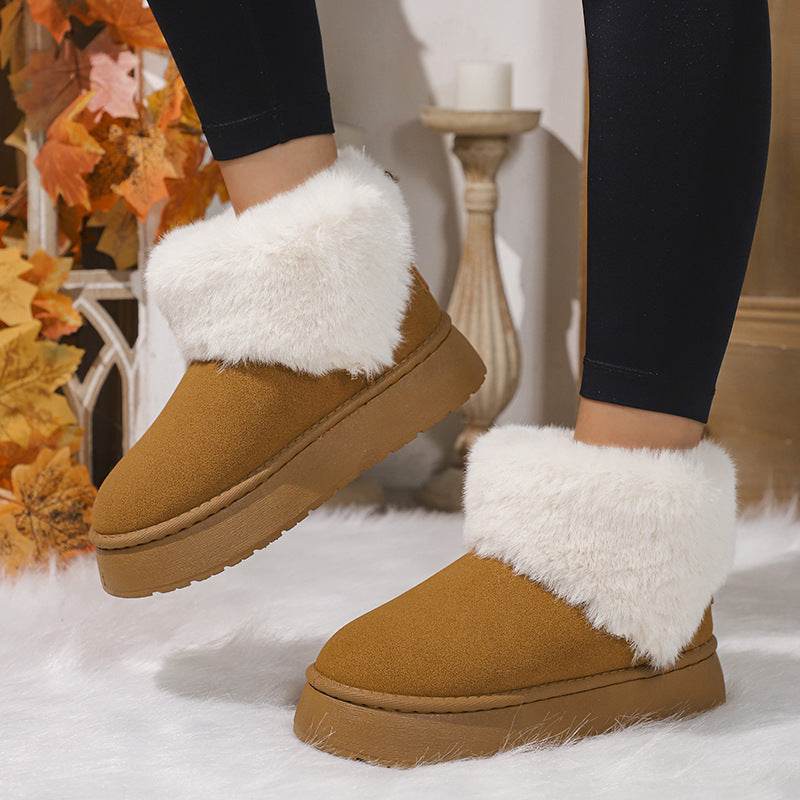 Winter Plush Snow Boots Fashion Round Toe Flat Thickened Suede Cotton Shoes For Women Casual Warm Short Boot - Mubimart