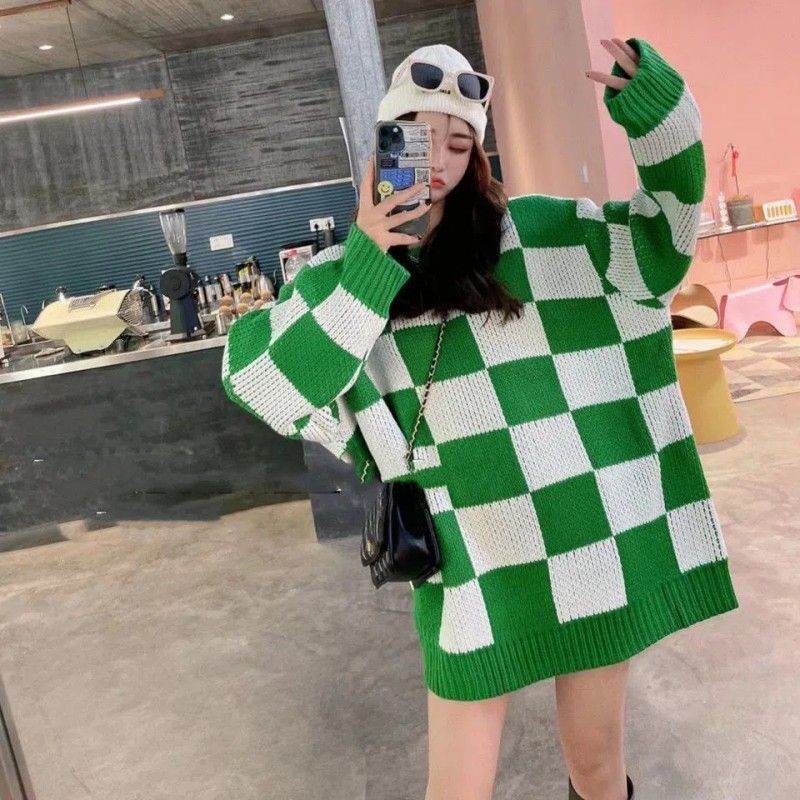 Women Plus Size Checkerboard Check Sweater - Mubimart