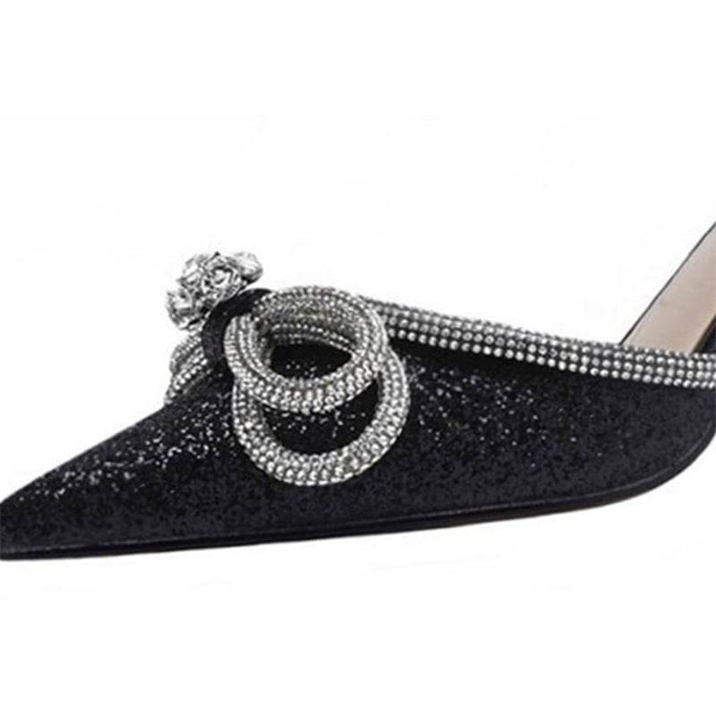 Rhinestone Bow Sandals Women's Lace-up Buckle Satin Hollow Stiletto Pointed Toe High Heels - Mubimart