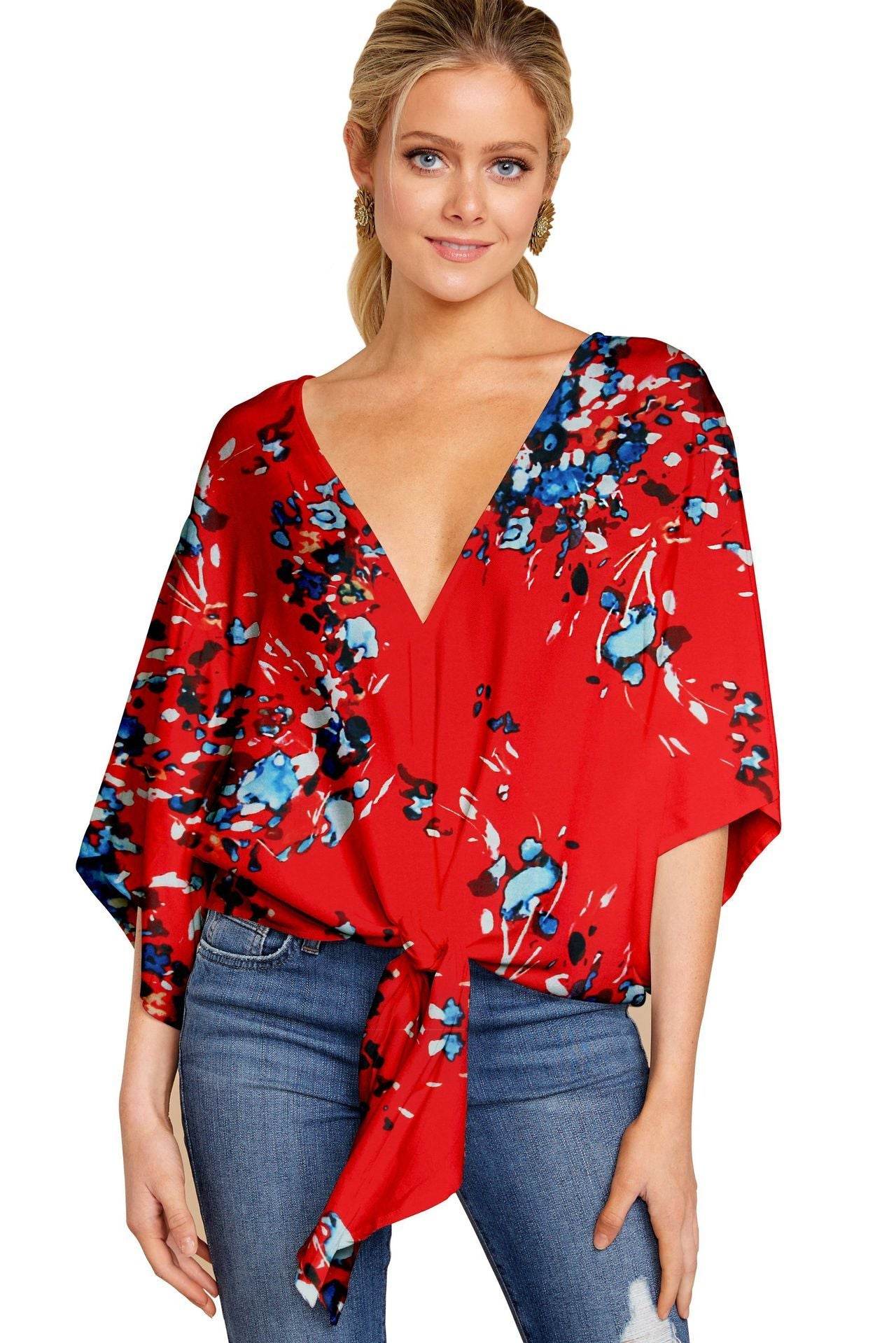 New V Neck Blouse Women Leopard Print Shirts Floral Tie Front Blouses Batwing Summer Oversize Ladies Tops - Mubimart