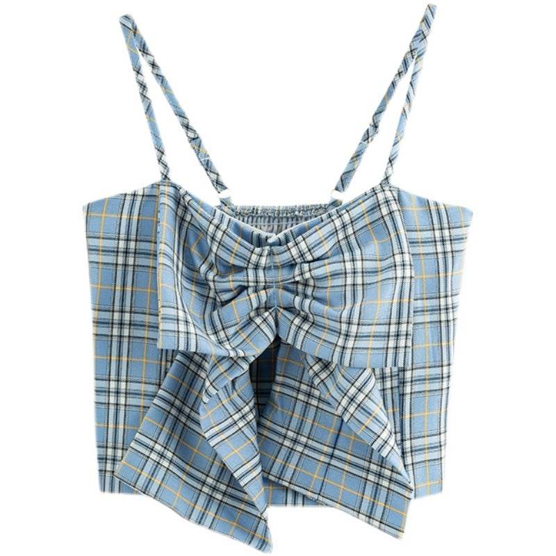 Summer Women's Camisole Ribbon Plaid Top - Mubimart