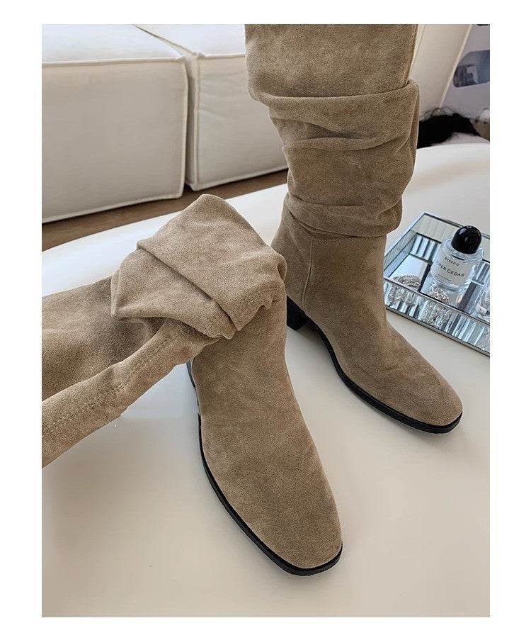 French Mid-calf Thin Western Denim Boots - Mubimart