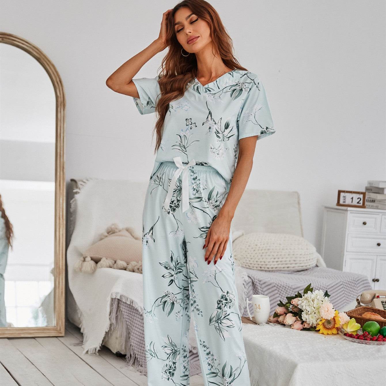Pajamas Women's Floral Print Short Sleeve Loungewear - Mubimart