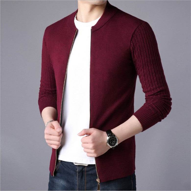 Solid Color Twist Knit Cardigan With Zip Sweater Coat - Mubimart