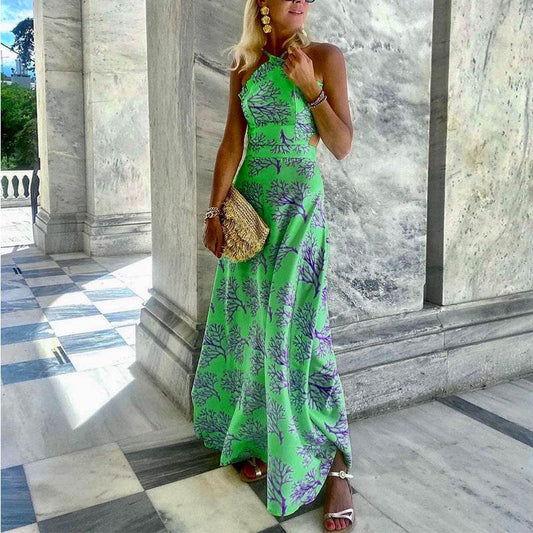 Women's Halterneck Printed Midi Dress - Mubimart