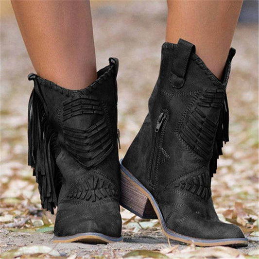 Mid-calf Chunky Heel Women's Side Zipper Boots - Mubimart