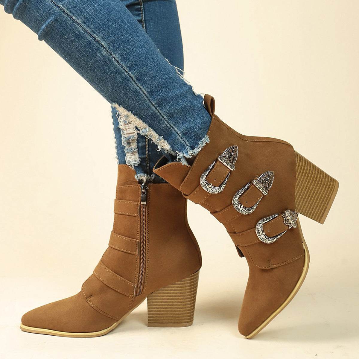 Chunky Heel Pointed Toe Boots With Belt Buckle Design Retro Mid-calf Boot Fashion Fall Winter Shoes For Women - Mubimart