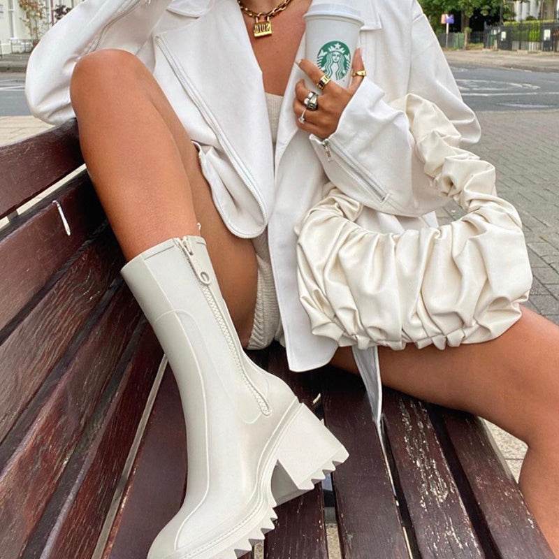 Thick-soled block heel square toe boots - Mubimart