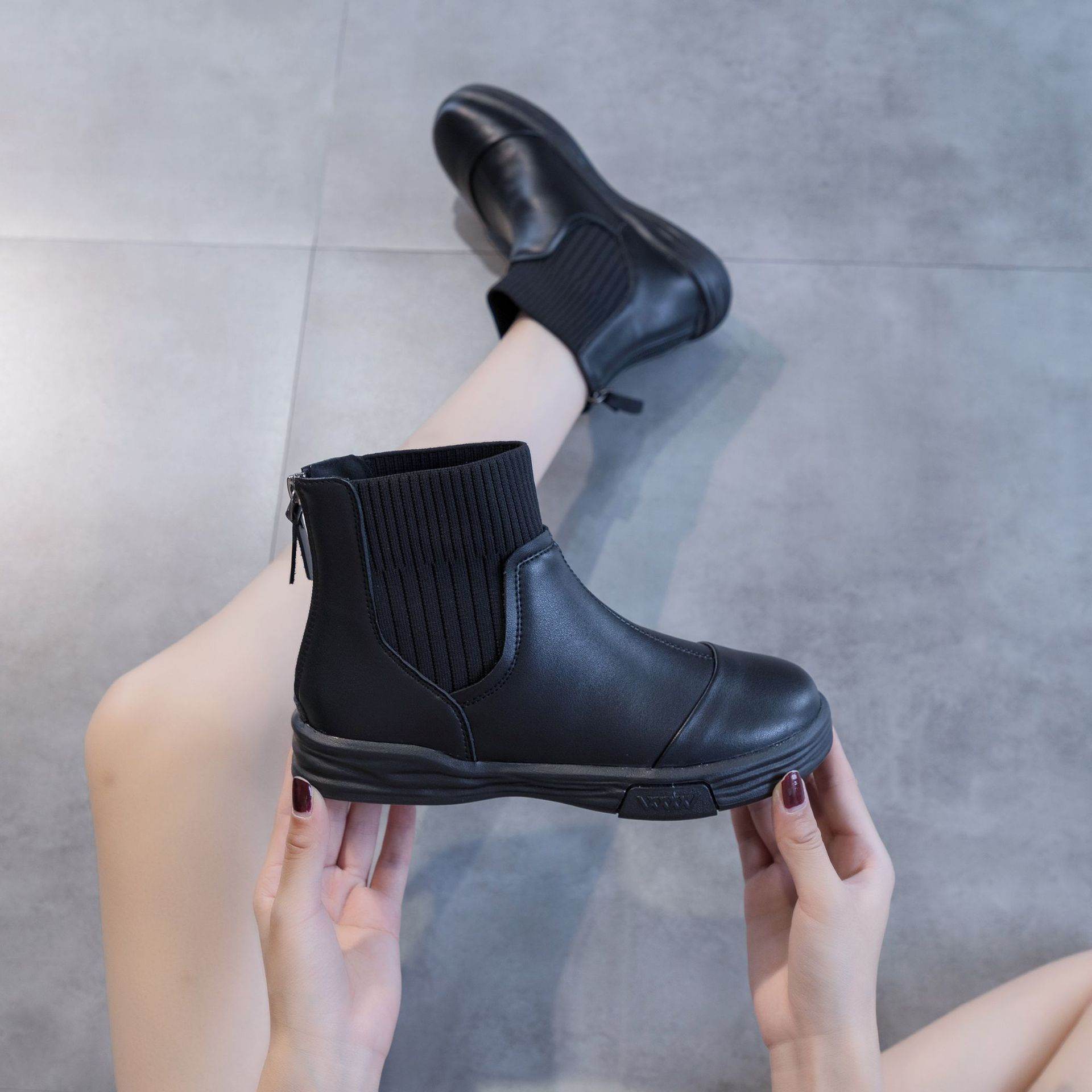Flat Vintage Elastic Booties All-matching Fleece-lined Ankle Boots - Mubimart