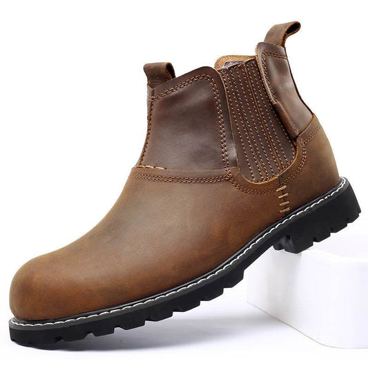 Men Leather Ankle Boots Round Toe Hiking Shoes - Mubimart