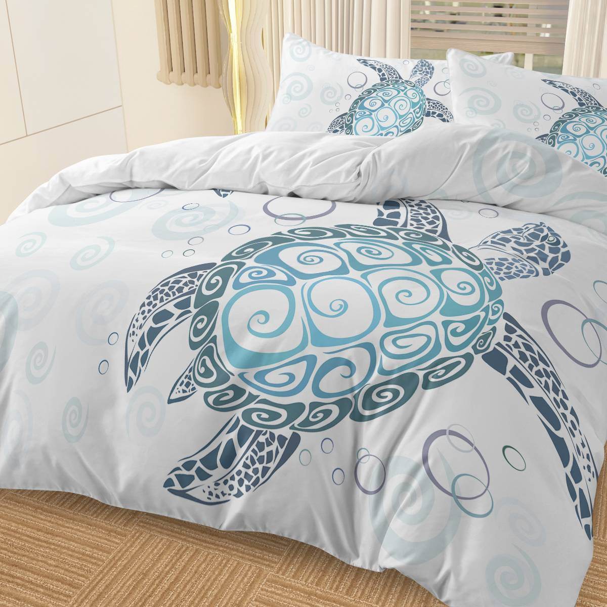 Turtle Bed Sets Ocean 3 Piece Turtle Themed Comforter Cover With 2 Pillowcases - Mubimart