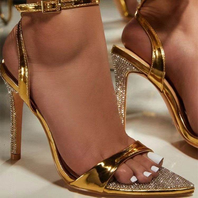 Buckle Rhinestone Stiletto Peep Toe Catwalk Show High Heels Open Toe - Mubimart