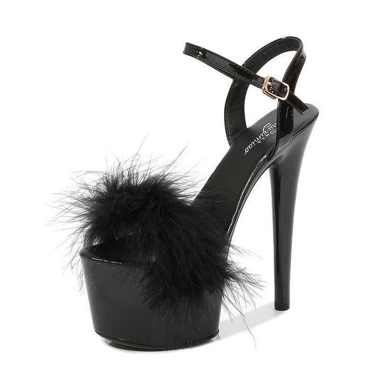 Patent Leather Stilettos Platform Sandals Fur High Heels - Mubimart