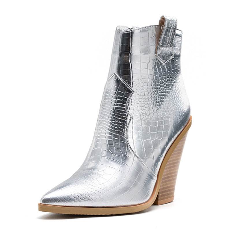Block heel high heel pointed toe boots - Mubimart