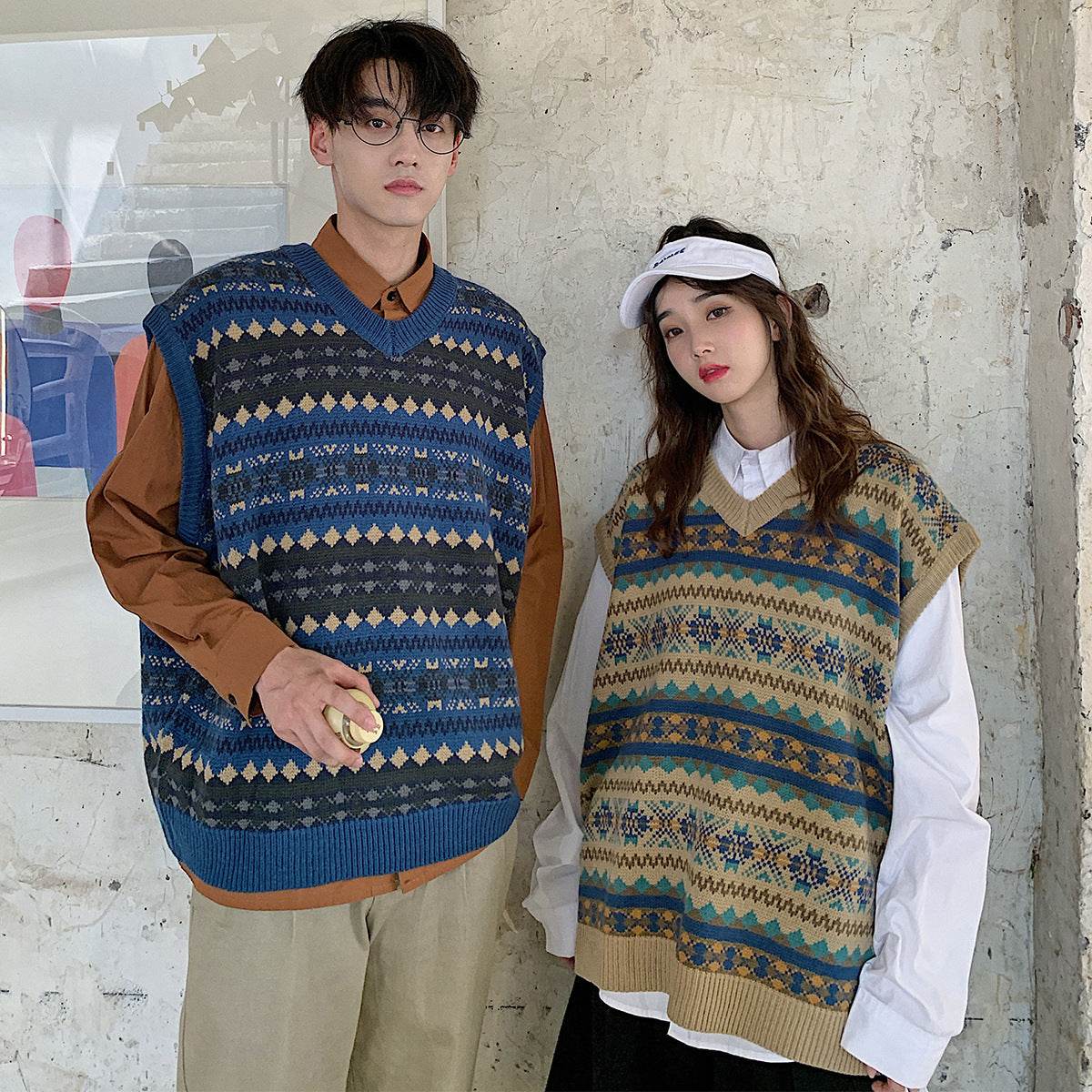 Ethnic style jacquard sweater vest - Mubimart