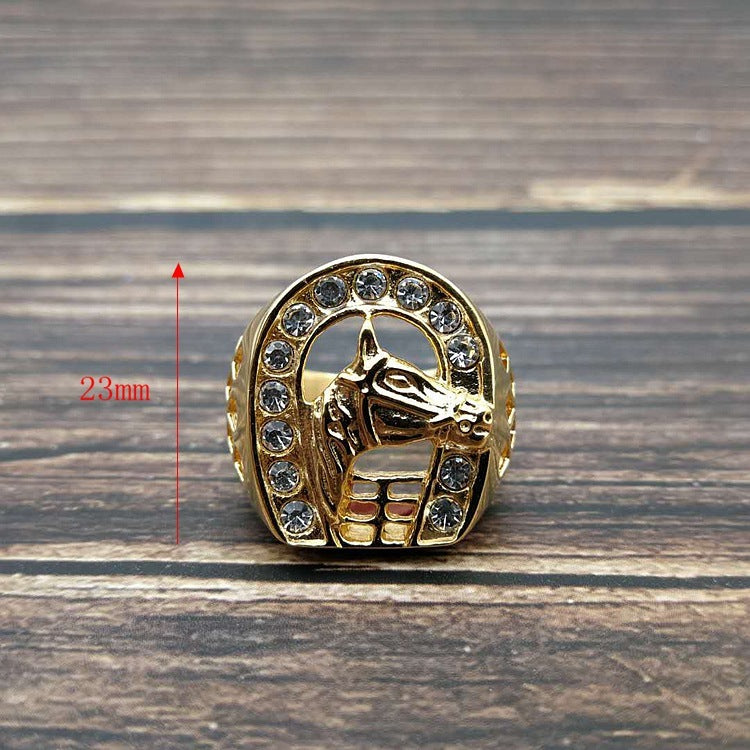 Titanium Steel Gold Plated Diamond Horse Head Ring For Men