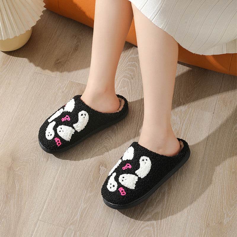 Halloween Cartoon Ghost Cotton Slippers For Women Indoor Non-slip Bedroom Floor Slipper Winter House Shoes - Mubimart