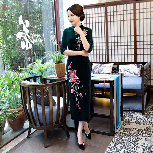 Long Authentic Pleuche Cheongsam Young Plus Size - Mubimart