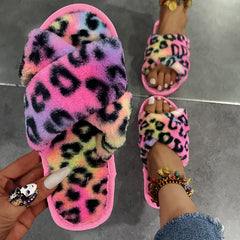 Women New Indoor Fuzzy Leopard Plush House Flat With Fuzzy Slipper - Mubimart -  