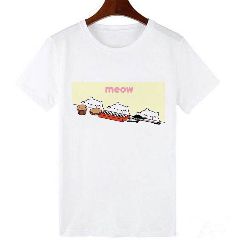 Horro Skull and Cat Femal Tshirt Top Tees kawai T-shirt - Mubimart