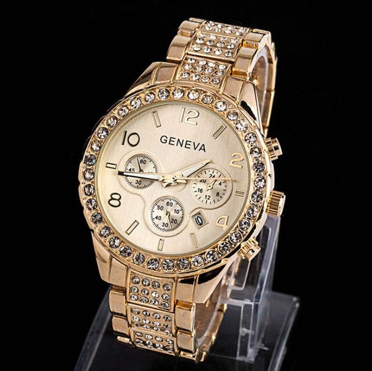 Geneva diamond calendar watch women fashion watch business casual ladies quartz tide watch fake three-eyed watch - Mubimart