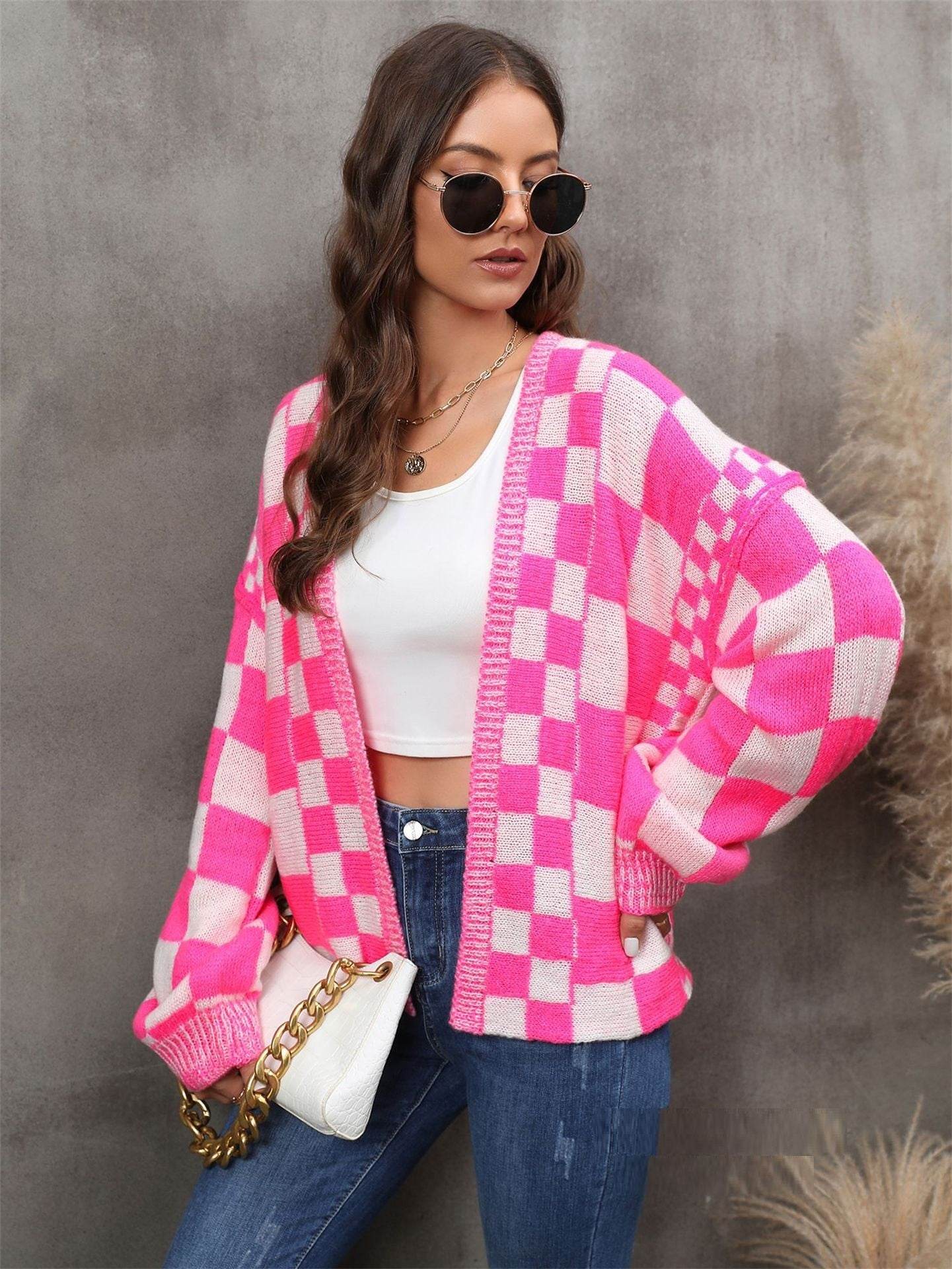 Fashion Plaid Cardigan Plus Size Coat Knitted Coat - Mubimart