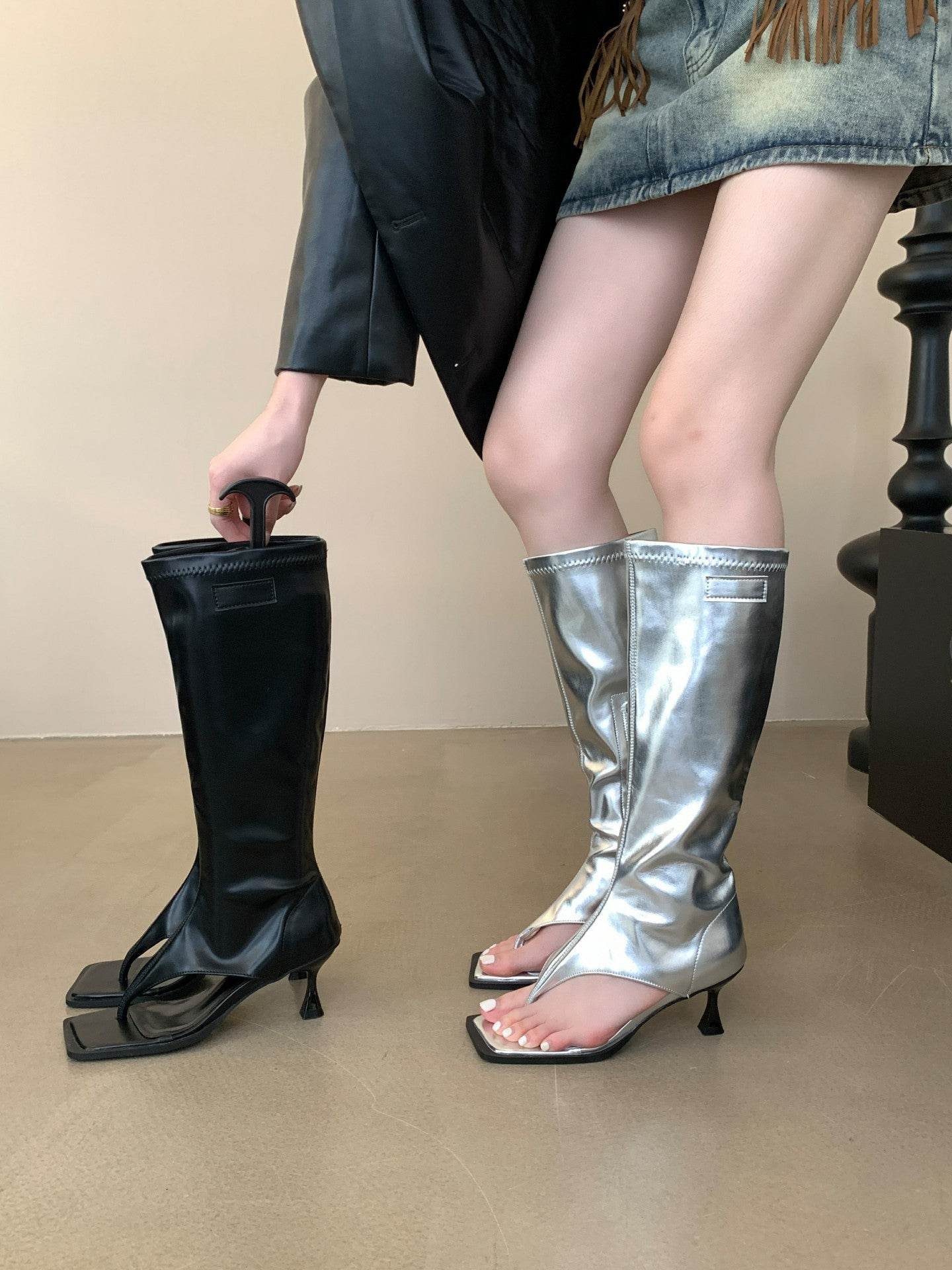 High Heel Sandal Toe Covering Leather Boots All-matching Outer Wear - Mubimart