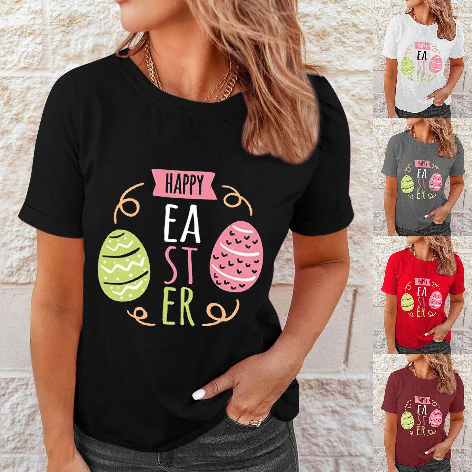 Shirts Women Easter Printed Casual Blouses Short Sleeve Tees - Mubimart