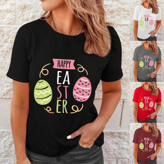 Shirts Women Easter Printed Casual Blouses Short Sleeve Tees - Mubimart