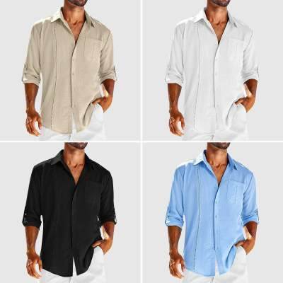 Casual Long Sleeve Shirt With Pocket Lace Polo Collar Solid Color Button Mens Clothing - Mubimart