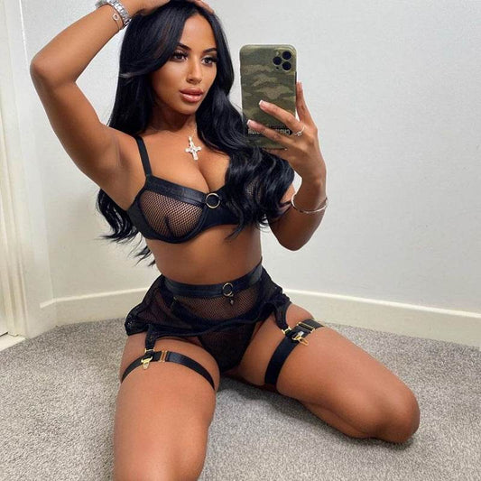 Lace Mesh Cross Strap Garter Belt Three-piece Split Suit - Mubimart