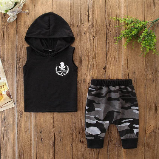 2PCS Toddler Kids Baby Boy Sleeveless Hooded Clothes T-shirt Tops Camo Pants Outfits - Mubimart