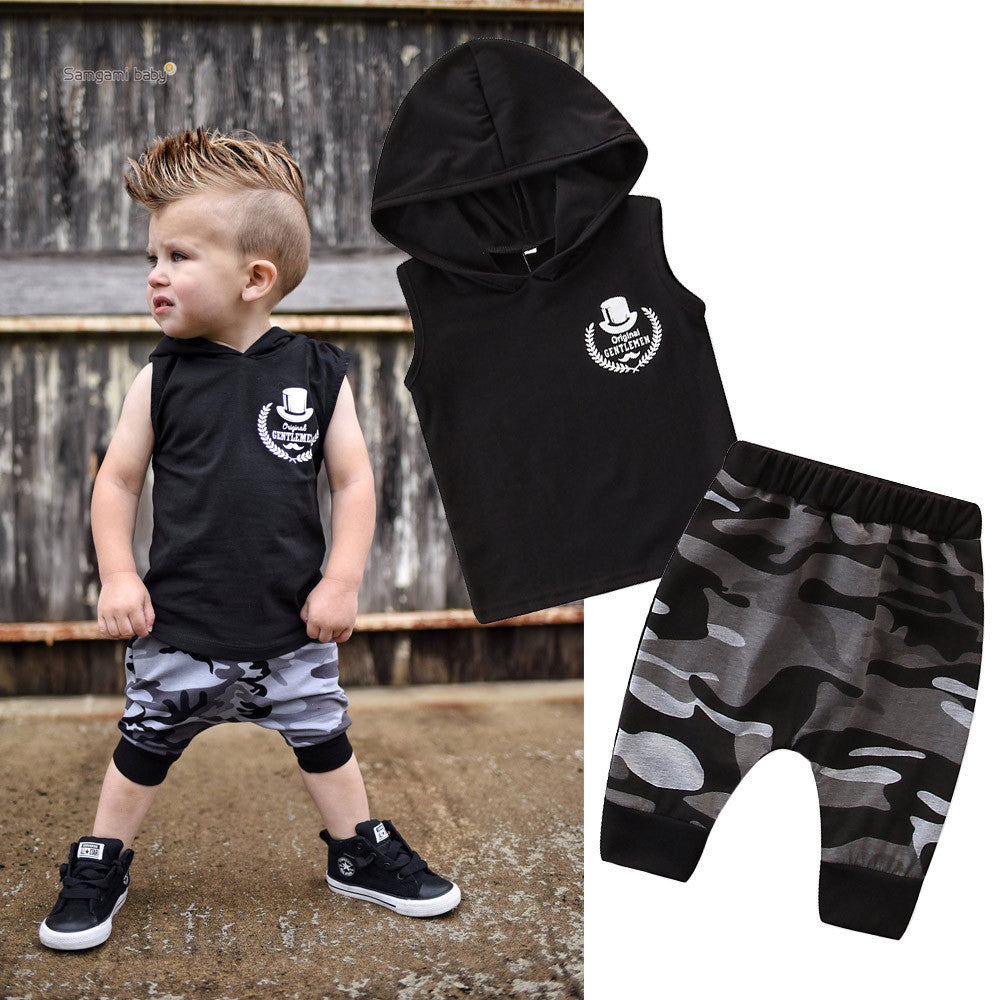 2PCS Toddler Kids Baby Boy Sleeveless Hooded Clothes T-shirt Tops Camo Pants Outfits - Mubimart - Clothing Set 