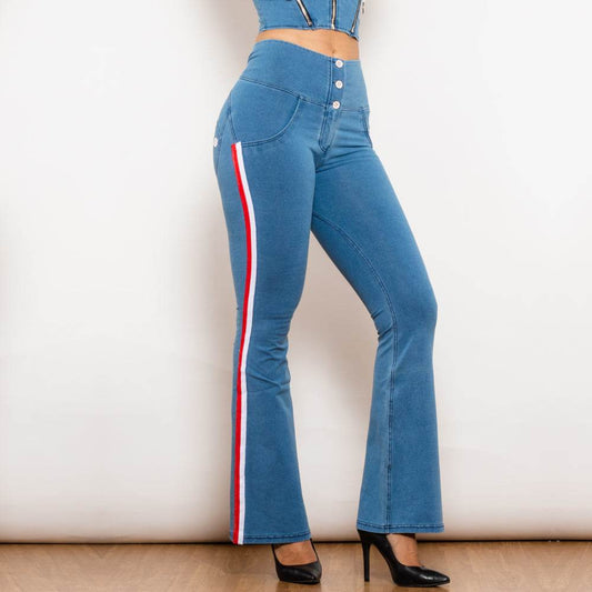 Shascullfites Melody Light Blue Striped Flared Lift Jeggings Button Up Butt Lift High Waist Flare Jeans Women Shaping Jeans - Mubimart