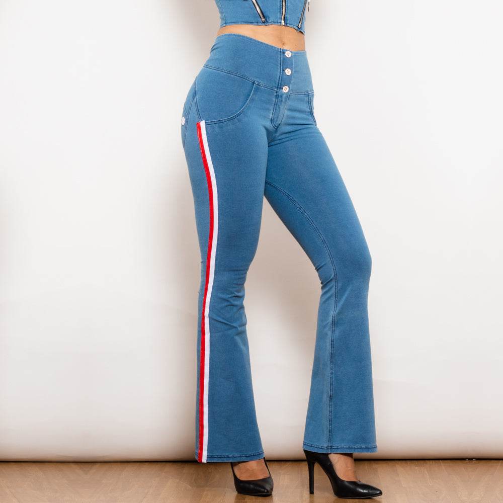Shascullfites Melody Light Blue Striped Flared Lift Jeggings Button Up Butt Lift High Waist Flare Jeans Women Shaping Jeans - Mubimart