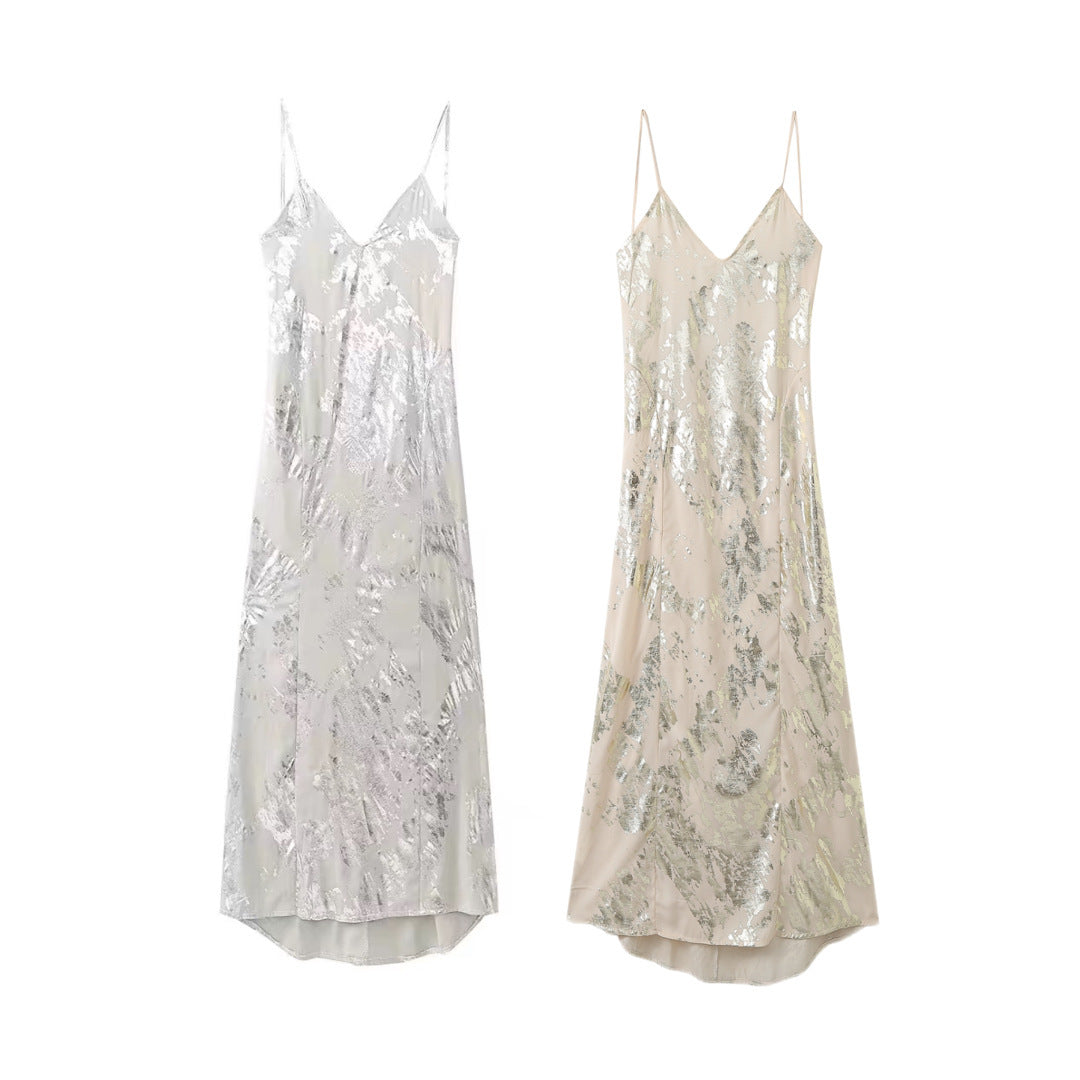 Women's Metal Printing Slip Dress - Mubimart -  