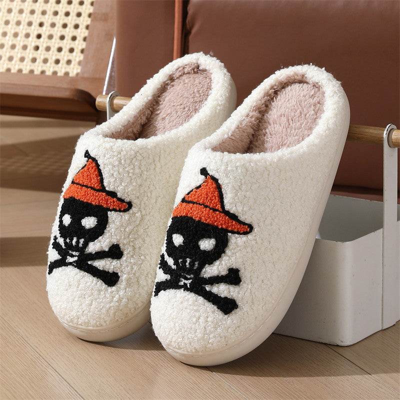 Halloween Skull Rose Slippers Winter Warm Indoor Floor Bedroom Home Slipper For Women - Mubimart