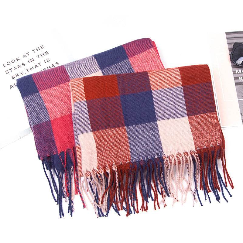 European And American Autumn And Winter Cashmere-like Red Plaid Double-sided Color Plaid Tassel Scarf Women Plus-sized Size Shawl - Mubimart