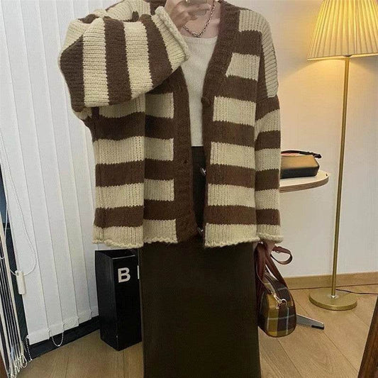 Plus Size Thick Needle Striped Sweater Cardigan - Mubimart