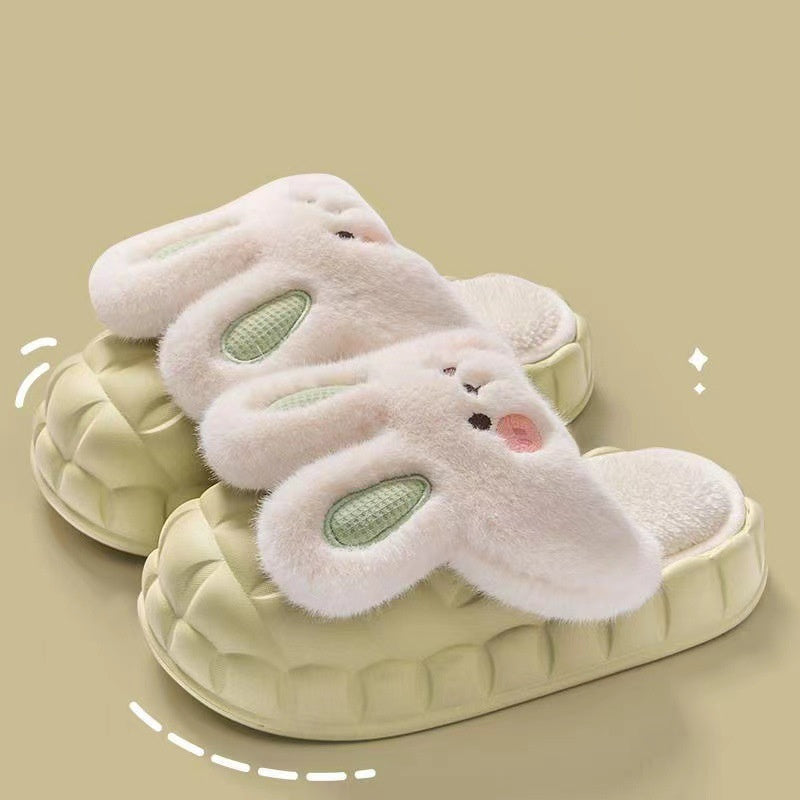 Cute Rabbit Shoes Winter Fuzzy Slippers Women Detachable Washable House Shoes - Mubimart -  